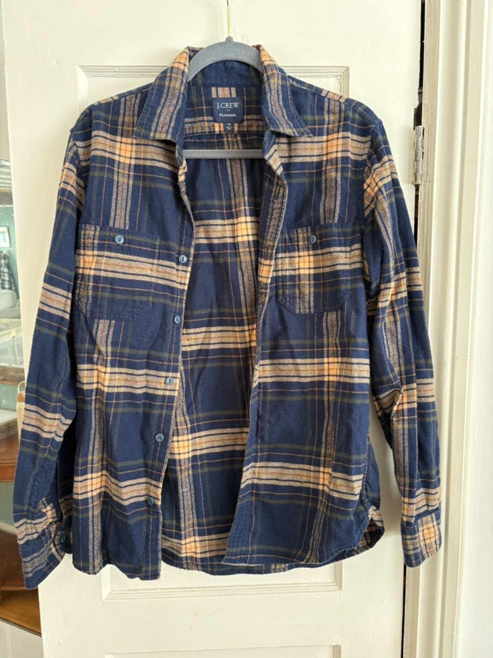 J. Crew Navy, Tan & Olive Plaid Flannel Shirt